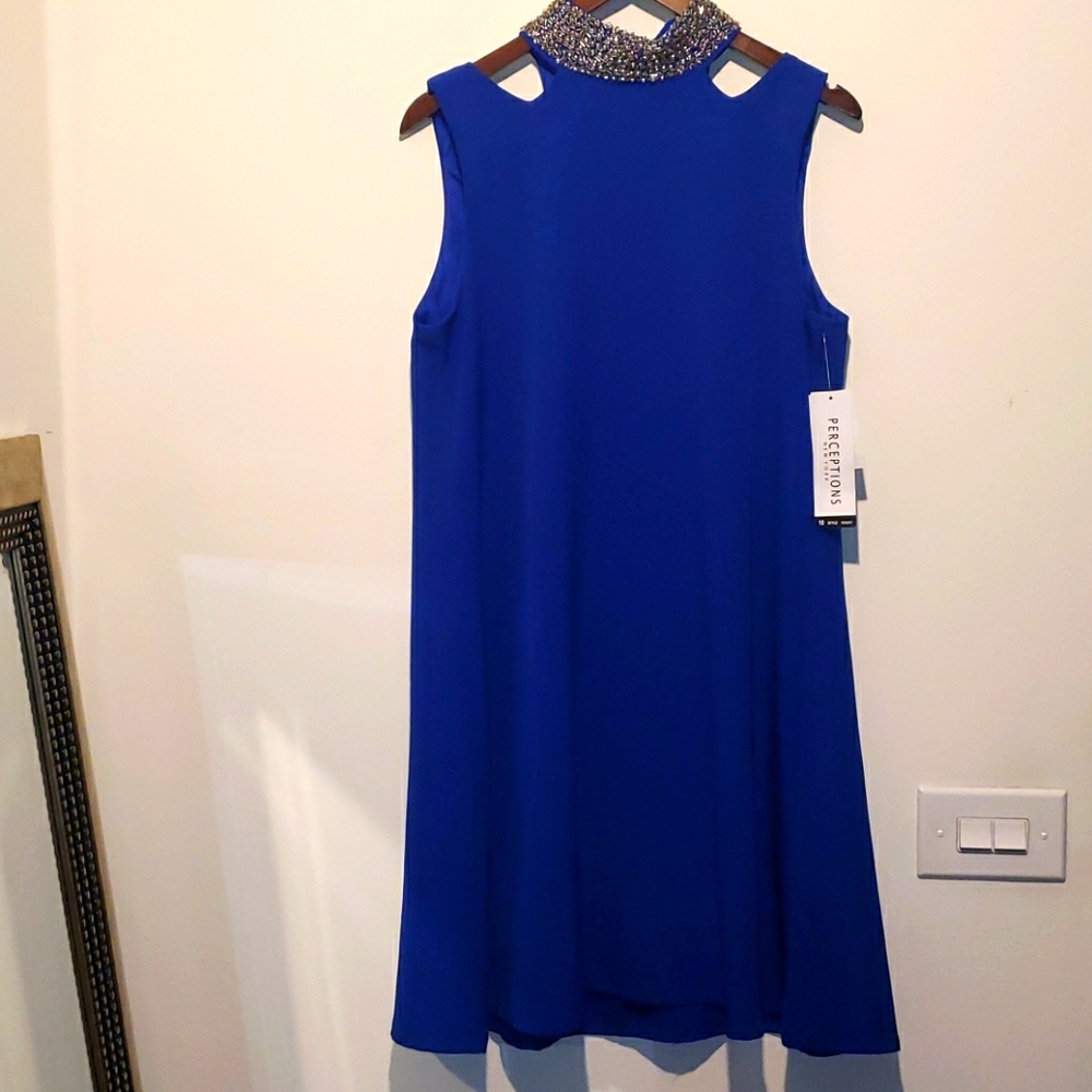 Blue Dress with Beautiful Beaded Mock Neckline